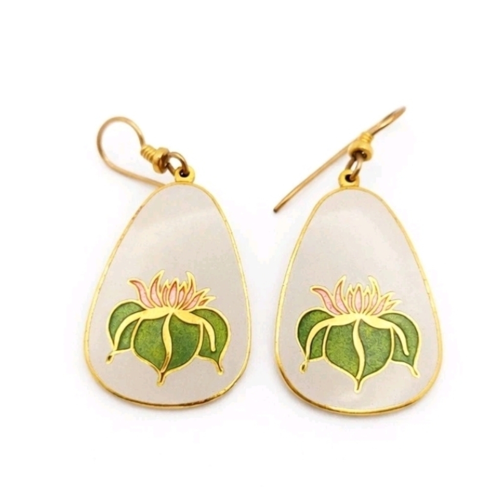 Laurel Burch Vintage Lotus Flower Enamel Dangle Drop Hook Earrings Gold Tone